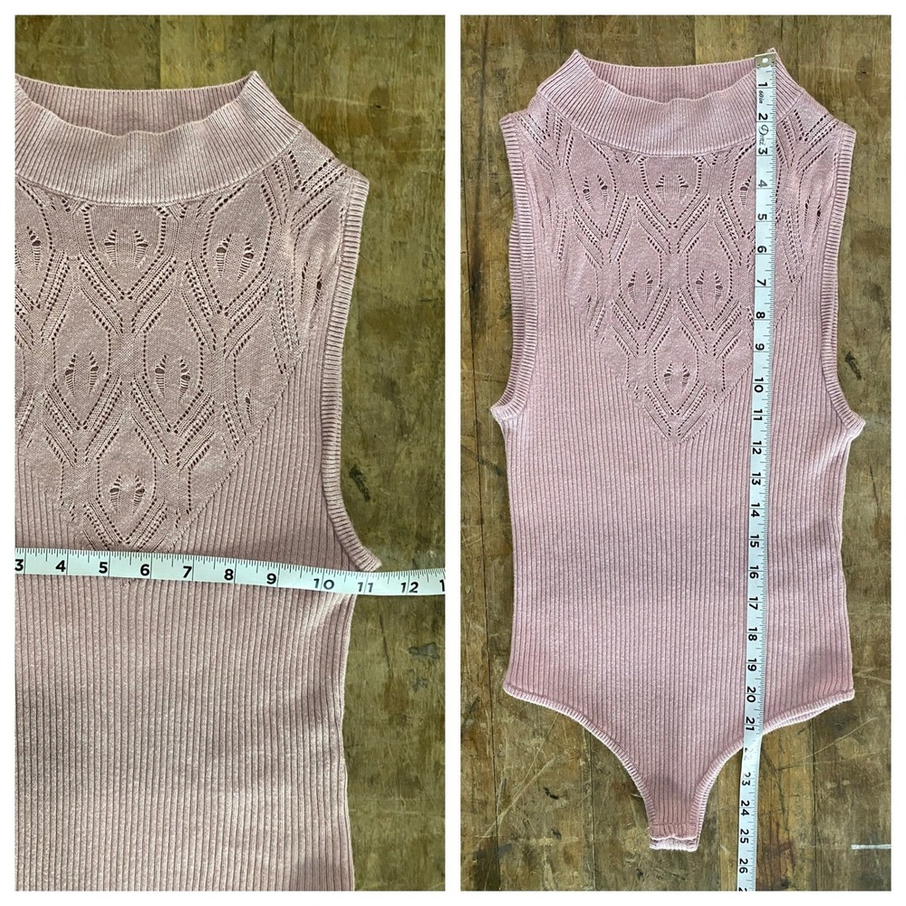 Free People Pink Ribbed On Point Yoke High Mock Neck Bodysuit Sleeveless S - Picture 9 of 9